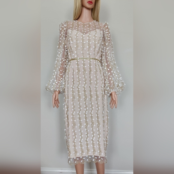 LICHI SHEER DRESS FLORAL EMBROIDERY DETAIL MIDI PENCIL DRESS MEDIUM - Picture 2 of 11